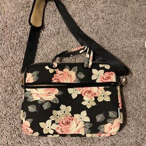 Floral Laptop Shoulder Bag - Pink & Cream Roses on Black